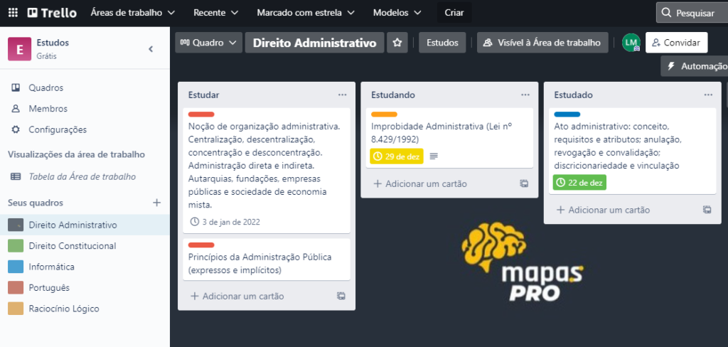 Exemplo de como organizar os seus estudos por meio da ferramenta Trello