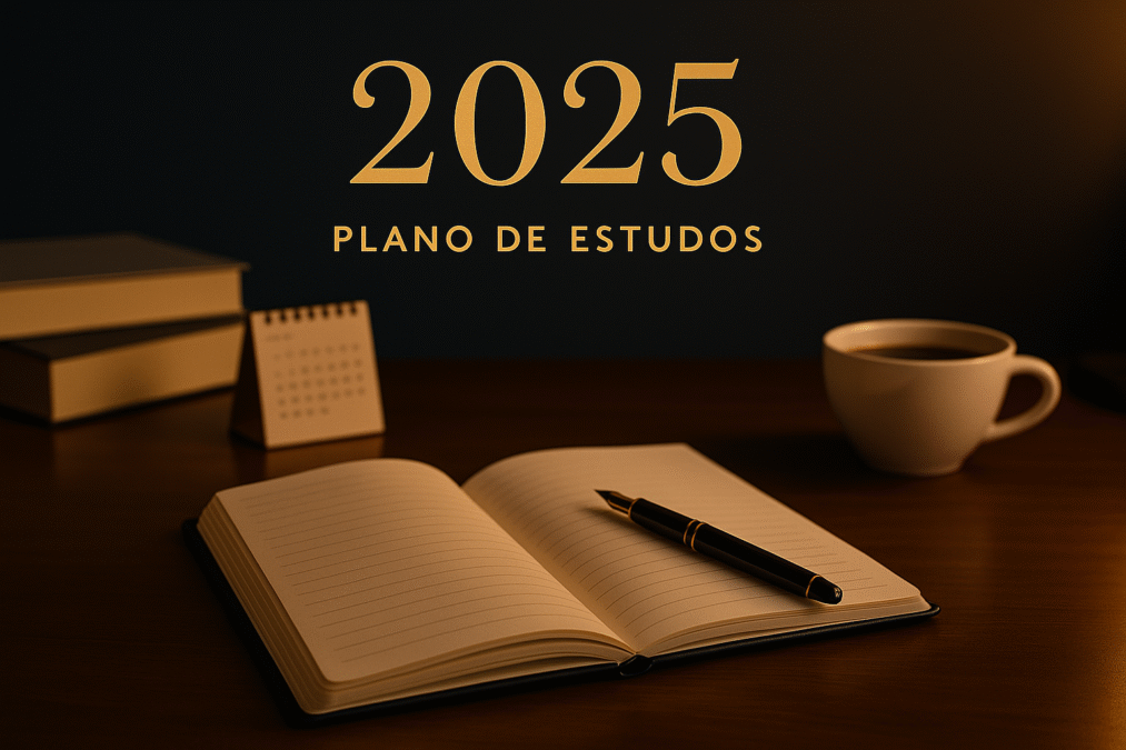 Plano de estudos para concursos 2025 - Guia completo com materiais de estudo, caderno e café sobre mesa