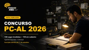 Concurso PC-AL 2026 em identidade visual preta da Mapas Pro, com 150 vagas imediatas e 150 em cadastro