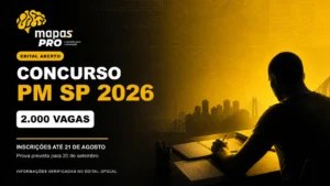 Concurso PM-SP 2026 em identidade visual preta da Mapas Pro, com 2.000 vagas para Soldado