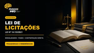 Lei de Licitações para concursos em identidade visual Mapas Pro, com modalidades, fases, contratação direta, pegadinhas e mnemônicos
