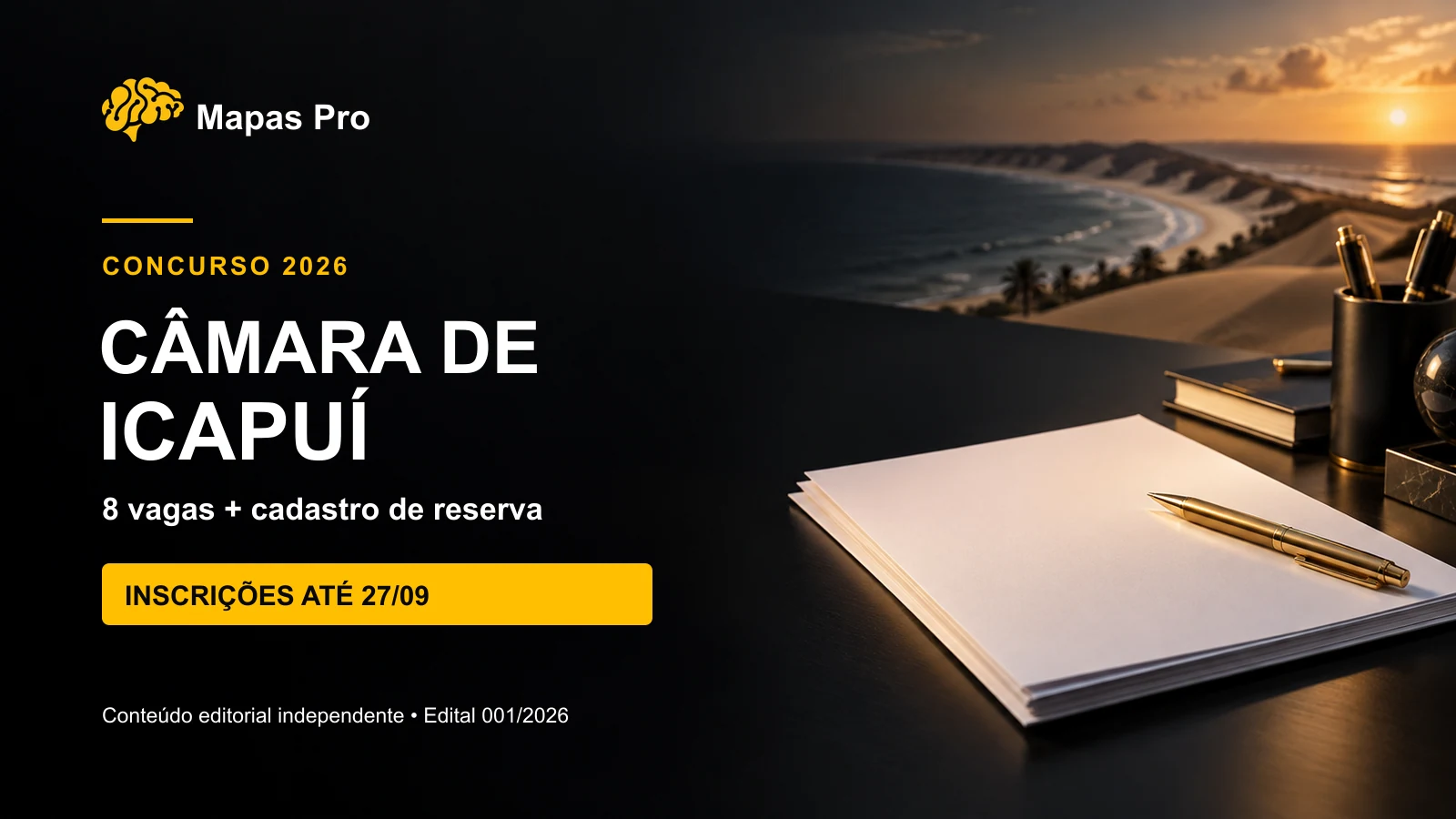 Concurso Câmara de Icapuí 2026: 8 vagas e cadastro de reserva, com inscrições até 27 de setembro